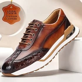 Men's Premium Cowhide Leather Sneakers with Crocodile Texture and Lace-Up Design – Casual Athletic Shoes for Everyday Wear