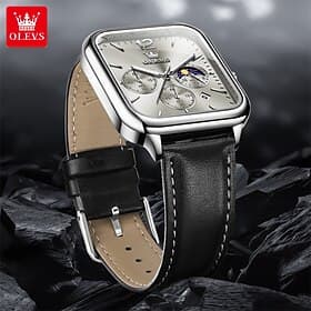 New Olevs Olevs Brand Fashion Trend Men'S Belt Watch Square Dial Luminous Moon Phase Calendar Multifunction Three Eyelids With Moon Phase Quartz Watch Casual W