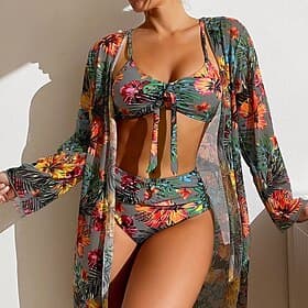 Damen Badeanzug Bikini Bademode Urlaub Blumen Langarm Badeanzüge