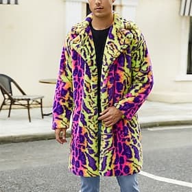 Men's Winter Jacket Fleece Jacket Faux Fur Coat Daily Vacation Thermal Warm Pocket Fleece Fall Winter Leopard Print Fashion Streetwear Lapel Long Green Jacket