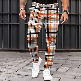 Men's Plaid Dress Pants Mid Waist Business Casual Formal Outdoor Dailywear Zipper Pocket Summer Spring Fall 3D Print Orange
