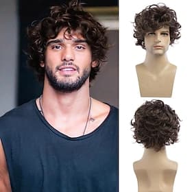 perruque bouclée pour homme perruque courte en couches brunes perruque synthétique pour cosplay d'Halloween