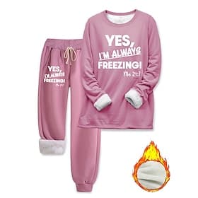 Dames Pyjama Set Fleece Gevoerd 2 Stuks Sweatshirt Trainingspakken Loungewear Set Pyjama's Fleece Fluffy Lange Mouw Top en Broek Tekstprint Comfort Casual Thui