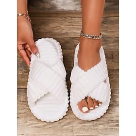 Women's Fluffy White Criss-Cross Slippers – Cozy Plush Open-Toe Slip-On Sandals for Indoor Comfort and Relaxation