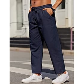 Men's Linen Pants Trousers Summer Pants Drawstring Elastic Waist Straight Leg Plain Comfort Breathable Full Length Outdoor Casual Daily Fashion Business Black