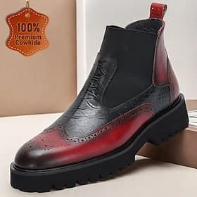 Men's Premium Cowhide Chelsea Boots – Red and Black Leather Brogue Detail with Textured Pattern, Rugged Sole, Stylish Casual Formal Footwear