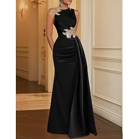 Fourreau Colonne Longueur au sol Robe de Soirée Robe de bal avec surjupe Tenue de soirée Élégant Robe Noire Sans manches Bijoux Noël Formel Poche Satin avec Br