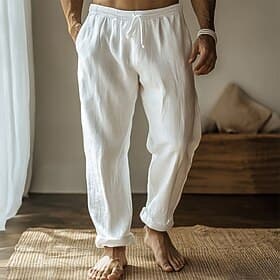 Homme Pantalon en lin Pantalon pantalon été Pantalon en gaze Cordon Taille elastique Jambe droite Plein Confort Respirable Toute la longueur Intérieur Casual d