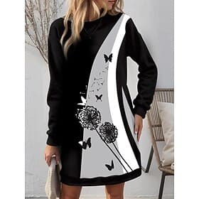 Femme Polyester Floral Pissenlit Col Ras du Cou Mini robe Automne Hiver