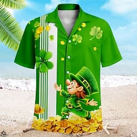 St. Patrick Men's Shamrock Gold Coin Casual Shirt Short Sleeve Casual St.Patrick's Day Summer Spring Turndown Button Up Black Green
