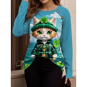 Women's St. Patrick's Day Sweatshirt Cat Street Buttons Print Casual Crew Neck Long Sleeve Micro-elastic Fall Winter