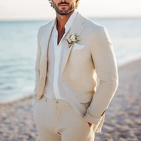 Men's Linen Suits Beach Wedding Wedding Beige Spring, Fall, Winter, Summer Suit Lightweight Casual Solid Colored Standard Fit 2 Piece Single Breasted One-butto