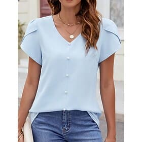 Women's Shirt Blouse Beaded Solid Color Basic Casual Short Sleeve V Neck Regular Tops Daily Black Sky Blue Fuchsia Summer Spring