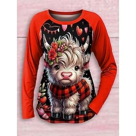 Femme T shirt Décontractées Imprimer manche longue Hauts longs Col Ras du Cou du quotidien Rouge Printemps Automne