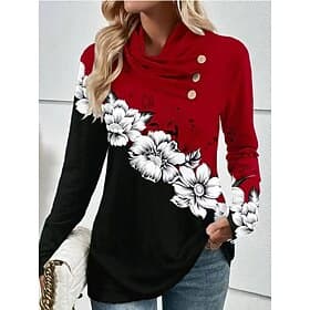 Women's Sweatshirt Casual Floral Street Dailywear Crew Neck Buttons Print Long Sleeve Red Fall Winter