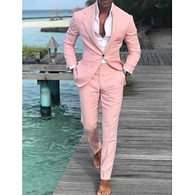 Uomo Completi in Lino Matrimonio in Spiaggia Spiaggia Blu chiaro verde pisello Primavera, Autunno, Inverno, Estate Tuta Collare di chiusura Tinta unita Vestibi