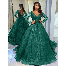 Robe Formel Trapèze Robes de bal Rétro Vintage Longueur Sol Col V manche longue Tulle Avec Paillettes