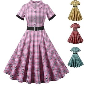Années 1950 Rétro Vintage Rockabilly Robe Robe trapèze Robe Évasée Quadrillé / Guingan Ajusté Évasé Balançoire Déguisement Femmes Saint-Valentin Événement / F