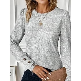 Femme Sweat Décontractées Polyester Plein Plein Air Quotidien Col Ras du Cou Boutons manche longue Argent Automne Hiver