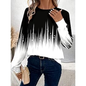 T-shirt femme à manches longues col rond tunique ombre décontractée regular hauts quotidiens imprimé noir et blanc printemps automne préautomne