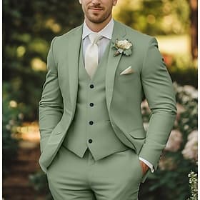 Herren Smokings Anzüge Strandhochzeit Frühlingshochzeit Champagner Salbei Frühling Sommer Anzug Mode Formell Einfarbig Figurbetonter Schnitt 3-teilig Einreihi