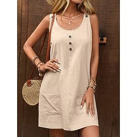 Femmes Mini Robe Robes effet lin Faux coton lin Robe fourreau Robe d'Été Basique Occasionnel Quotidien Vacances Coupe régulière Uni Sans manches Col en U Vert