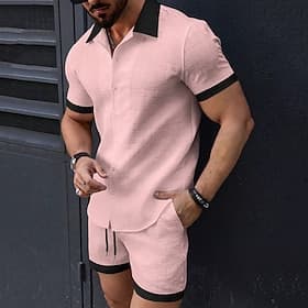 Men's T-shirt Suits 2 Pieces Outfits Tee Shorts Short Sleeve Lapel Summer Plain Fashion Casual Patchwork 2 Piece Jacquard Vacation Daily Wear Going out Black