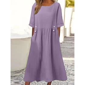Damen Midikleid 100% Baumwolle Shiftkleid Baumwoll-Leinen-Kleider Freizeitkleid Elegant Vintage Stilvoll Täglich Urlaub Lässiger Schnitt Einfach Kurzarm Rundha