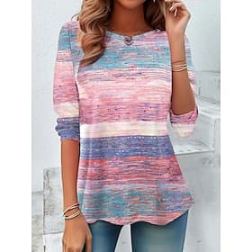 Women's T shirt Long Sleeve Crew Neck Long Sleeve Tunic Ombre Casual Regular Tops Daily Print Pink Blue Purple Green Spring Fall Prefall