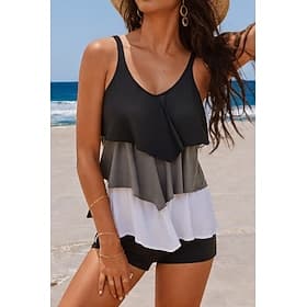 Women's Tankini Swimsuit Color Block Layered Black Grey White Summer Beach Poolside Sporty Top with Shorts wear Quick Dry Stretchy