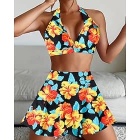 Mujer Tankini Traje de baño de dos piezas Espalda al Aire Bañadores Floral Bañadores Negro Amarillo Transpirable Secado rápido Ligero Sin Mangas - Natación Sur