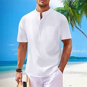 Hombre Camisa camisa de lino Camisa de verano Camisa de playa Color sólido Vacaciones Diario Negro Blanco Azul Marino Caqui Manga Corta Cuello doblado Primaver