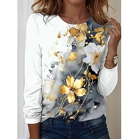 T-shirt Femme Manches Longues Col Montant Manches Longues Tuniques Graphique Floral Décontracté Tops Quotidiens Imprimé Blanc Cassé Printemps Automne Préautomn