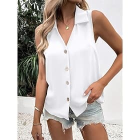 Femmes Débardeur caraco Boutons Couleur Unie Quotidien Élégant Occasionnel Sans manches Col de chemise Hauts Réguliers Quotidien Bleu Noir Blanche Vin Vert Été