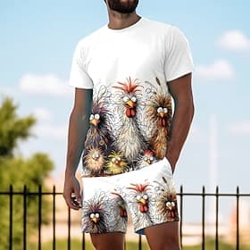 Men's Rooster 2pcs Tees sets Matching Sets Short Sleeve Short Pant Crew Neck Sport Designer Casual Outdoor Vacation Daily Drawstring Crewneck Print White