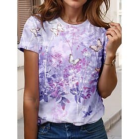 Women's T Shirt Print Floral Animal Casual Short Sleeve Round Neck Regular Tops Daily Purple Summer Spring