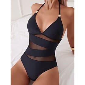 Damen Badeanzug Einteiler Monokini Bademode Netz Bauchkontrolle Hohe Taille Schlank Rückenfrei Urlaub Strandbekleidung Einfarbig V Ausschnitt Ärmellos Badeanzü