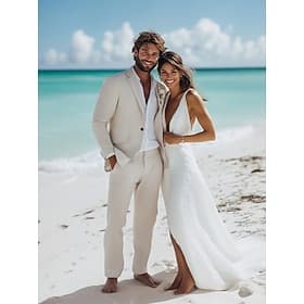 Men's Tuxedos Linen Suits Beach Wedding Wedding Sky Blue Light Grey Spring, Fall, Winter, Summer Suit Daily Lightweight Solid Colored Standard Fit 2 Piece Sing