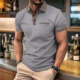 Men's Business Polo Golf Shirt Business Casual Lapel Classic Short Sleeve Color Block Stripes Buttons Summer Spring Fall Black Red Navy Blue Gray Business Po