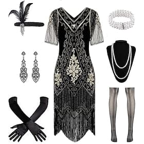 Roaring 20s 1920s Knee Length Flapper Dress Party Costume Illusion Sleeve Short Sleeves The Great Gatsby Tassel Fringe Sequin Tassel V Neck Fancy Dress Women's