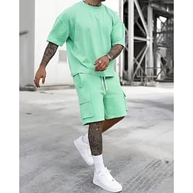 Men's Workout Set Tracksuit T shirt Shorts Set Outfit Set Crew Neck Outdoor Daily Sports Pocket Drawstring 2 Piece Plain Black Red Green Polyester Activewear
