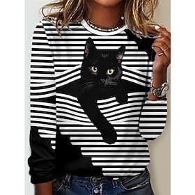 Women's T shirt Crew Neck Long Sleeve Tunic Cat Striped Casual Regular Tops Daily Print Black Green Spring Fall MAO