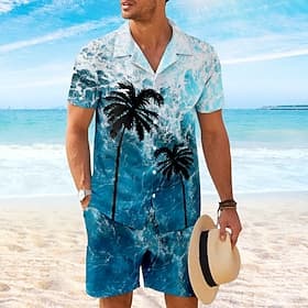 Men's Coconut Palm 2pcs Shirts Sets Shirt Short Sleeve Short Pants Cuban Collar Vacation Casual Party Casual Daily 3D Print Summer Robin's Egg Blue Green