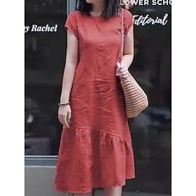 Femme Robe Maxi Robe casual Robe en coton et lin Robe Trapèze basique Décontractées Vacances du quotidien Standard Plein Manche Courte Col Ras du Cou Jaune Rou