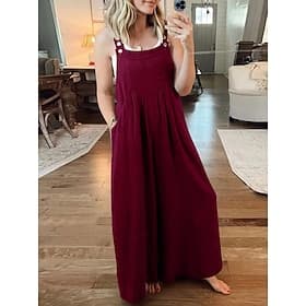 Femme Normal Salopette Actif Couleur unie Sans Manches Col Rond Boutons Poche Vacances du quotidien Standard Jaune Vin Abricot Eté
