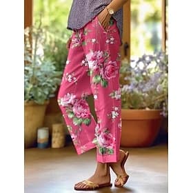 Pantalons en Coton Lin Femme Pantalons Amples Lin Comme Mode Streetwear Longueur Complète Taille Haute Imprimé Floral Graphique Thermique Chaud Respirant Doux