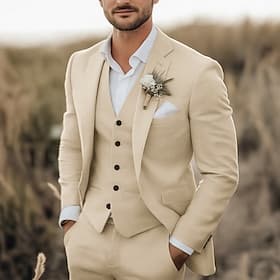 Pour des hommes Smoking Costumes en lin Mariage à la plage Blanche Bleu Ciel Printemps, Automne, Hiver, Été Costume / Tailleur Mode Formel Couleur Unie Coupe s