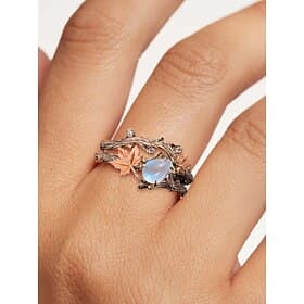 anello con ramo di foglia d'acero in pietra di luna ispirato alla natura – anello di fidanzamento boho vintage per donna, gioielli unici per matrimoni e regali