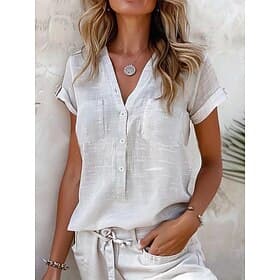 Women's Shirt Linen-feel Shirts Button Up Blouse Pocket Solid Color Basic Casual Short Sleeve V Neck Regular Tops Daily Blue Black Pink Orange Light Grey Summe