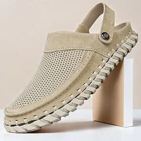 sandali da uomo beige slip-on con tomaia in mesh, cinturino regolabile e suola comoda - ideali per abbigliamento casual, attività all'aperto ed estive